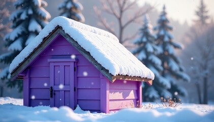 Soft snowflakes fall gently on a sloping purple clapboard shed roof, snowyroof, rustic, serene