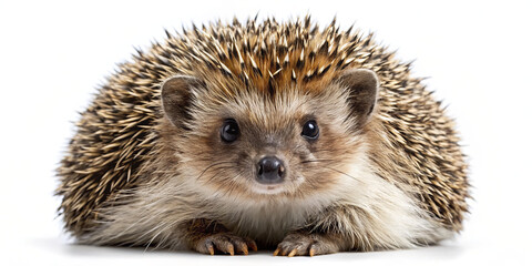 Obraz premium A spiny hedgehog rests comfortably on a clean white surface. Its quills are displayed prominently while its small face and eyes reveal an innocent curiosity, invoking charm
