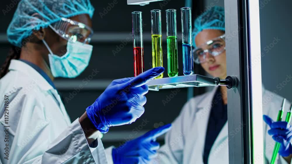 Leinwandbilder scientists conduct experiments with colorful liquids in a modern laboratory setting