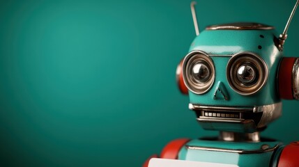 Fototapeta premium The retro robot features a unique design with expressive eyes and a lined mouth, standing against a solid green backdrop, emphasizing its playful, artistic look.