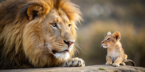 A proud lion watches over a playful cub in the wild, showcasing a moment of connection. The warm sunlight casts a soft glow, highlighting their bond and lush surroundings
