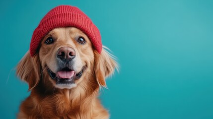 A beaming golden retriever sporting a red knit hat against a blue background, conveying an aura of joy, playfulness, and charm in its lively expression.