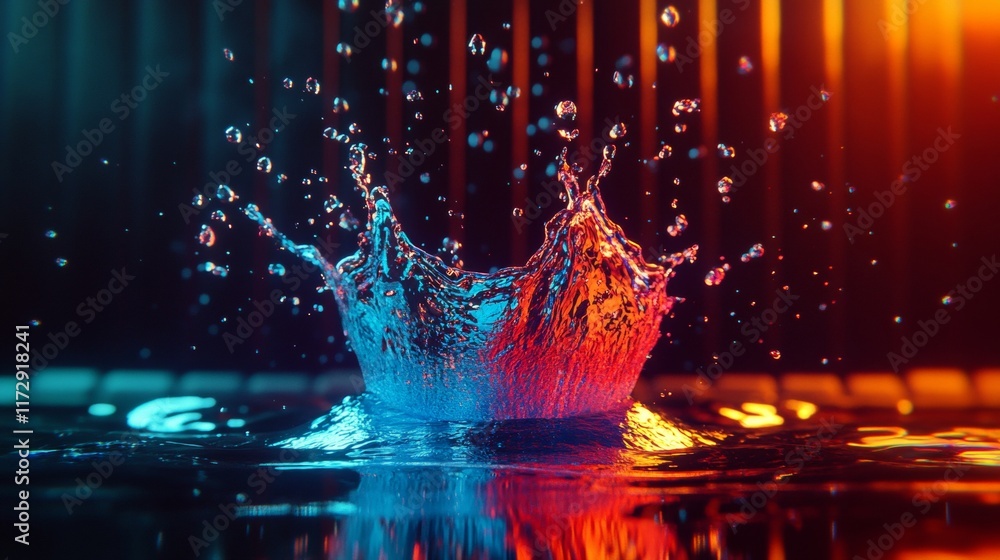 Poster artistic splash of color vibrant water droplets merging in a dynamic abstract display