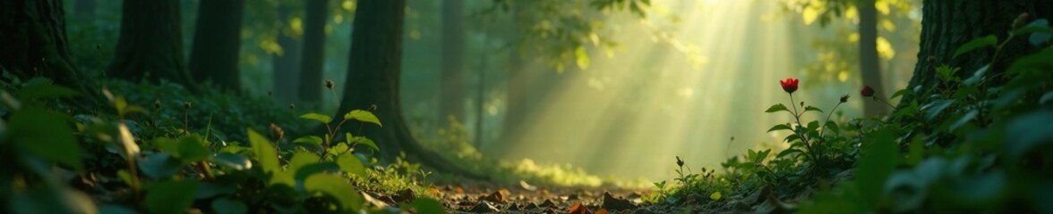 Obraz premium Red cap glistens in the dappled light filtering through the dense foliage, misty atmosphere, shadows