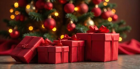 Red Christmas gift boxes placed in front of a large red Christmas tree decorated with lights and ornaments, decoration, festive