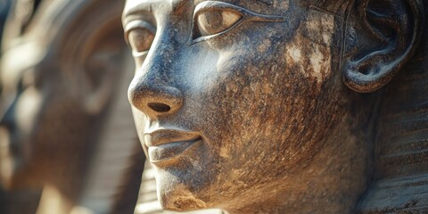 Historical stone sculpture depicting a woman's face from ancient Egyptian civilization at a temple site