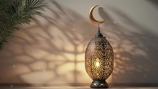 Moon and golden lantern Ramadan concept copy space greeting. Eid Al Fitr.
