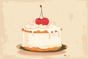A vintage-style classic sponge cake with elegant icing patterns and a cherry on top.