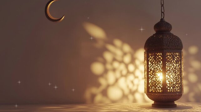 Moon and golden lantern Ramadan concept copy space greeting. Eid Al Fitr.