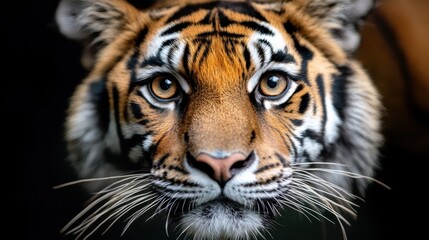 Fototapeta premium A tiger's face is up close and personal, showcasing its intense eyes and striking facial patterns, embodying a sense of raw power and vitality in its gaze.