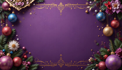 Luxurious holiday decoration background, purple and gold tones, festive atmosphere, copy space
