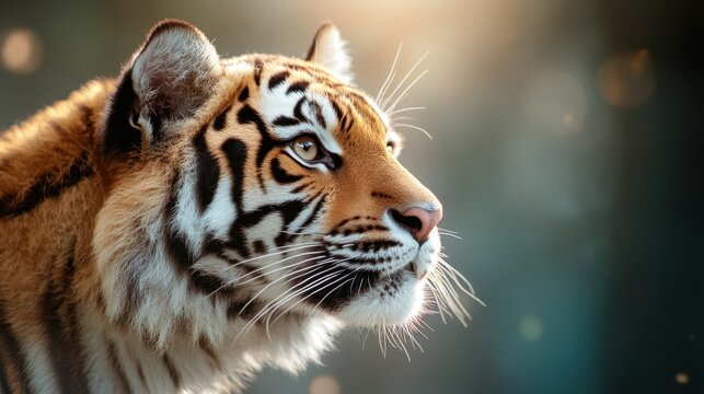 A side view of a tiger's face bathes in warm sunlight, casting soft highlights on its fur, as it gazes into the distance amidst a serene natural setting.