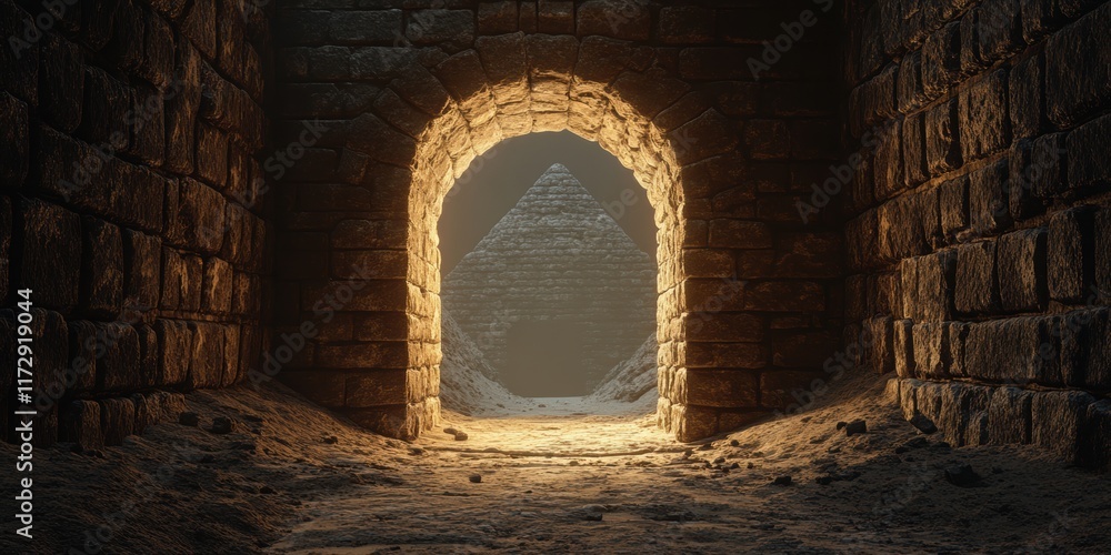Poster exploring ancient tunnels leading to a pyramid in dim light at twilight