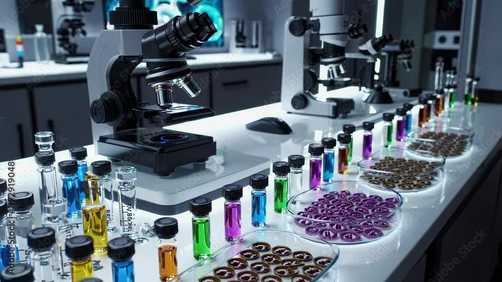 Poster laboratory setting with colorful test tubes and advanced microscopes showcasing scientific explorati