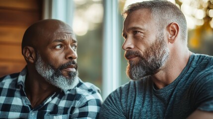 Two mature men have an engaging conversation near a window, signaling a deep connection and understanding in a setting filled with natural light and warmth.