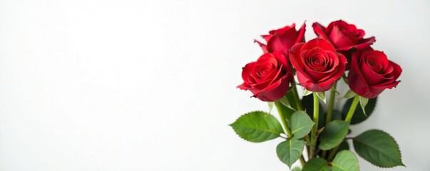 A bouquet of fresh long-stemmed red roses against a clean white background, long-stemmed, flowers