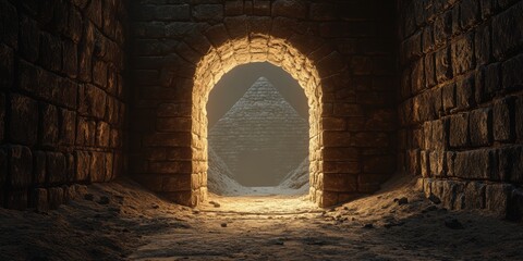 Obraz premium Exploring ancient tunnels leading to a pyramid in dim light at twilight