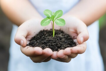 Child holding soil with a small green seedling, symbolizing growth, nurturing, and environmental care, in a natural outdoor setting. Copy space