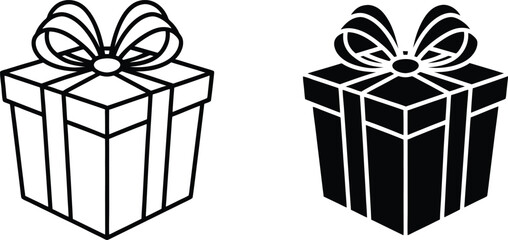 Two Gift Box Icons Outline and Filled, Present, Ribbon, Bow, Holiday