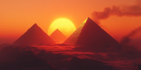 Sunset over iconic pyramids in Egypt with vibrant colors reflecting on desert landscape