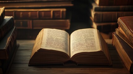 Open antique book on wooden table among stacks of old books.