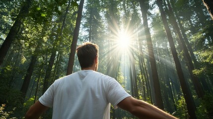 A man stands amidst towering trees with sunlight streaming through branches, enveloped in nature's serenity, portraying a sense of connection and peace with nature.
