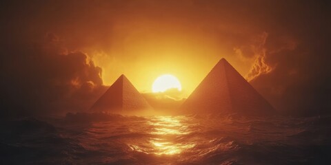 Majestic pyramids rise from the sea as the sun sets over a dramatic horizon
