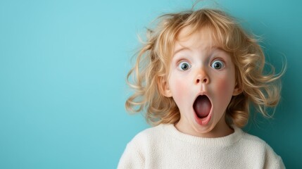 A curly-haired child with wide eyes and an open mouth conveys sheer shock and amazement, embodying childhood curiosity, delight, and raw emotional expression.