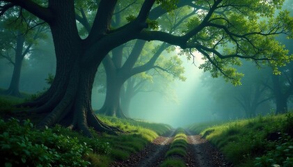 Ancient tree branches form a canopy above the misty trail, eerie, forest
