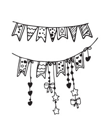 Vector doodles hand drawn birthday party staff, funny flags, birthday decorations, festive doodles
