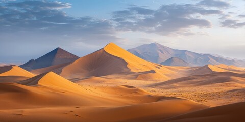 Golden sand dunes stretch across a vast desert landscape under a clear sky