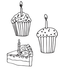 Vector doodles hand drawn birthday party staff, celebrative cupcakes with candles, birthday decorations, festive doodles