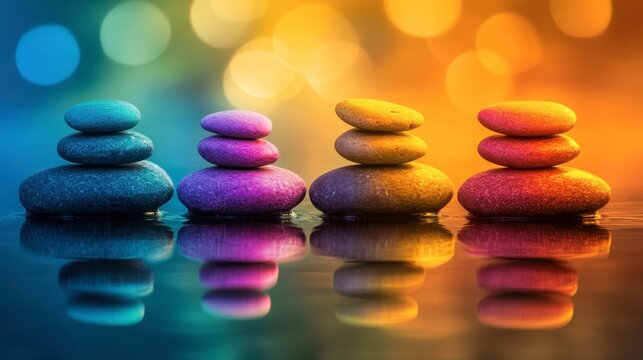 A zen pebble arrangement glowing in colorful reflections, embodying themes of mindfulness and tranquility.