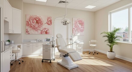 Medical spa interior, luxurious treatment room, white and pink color scheme, floral wall art, modern dental chair, hardwood floors, bright natural lighting, minimalist design, clean aesthetic, potted 