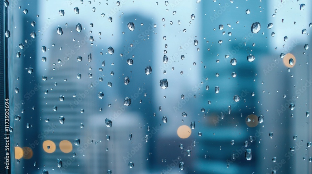 Poster raindrops on a window with bokeh lights from the city outside, creating a dreamy