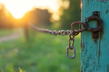 Rusty chain and gate at sunset, idyllic rural field background; perfect for themes of rural life, tranquility, or closure