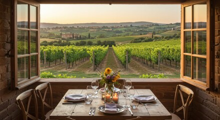 Tuscan vineyard view, open wooden window frame, rustic dining table, wine glasses, flower vase centerpiece, rolling hills landscape, golden sunset light, Italian countryside, romantic dinner setting, 