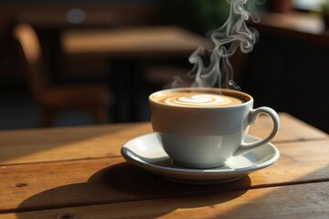 Obraz premium Cup of steaming coffee on wooden table with steam rising, coffee, wood, liquid