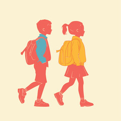 Two children with backpacks walking, minimal color palette.