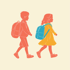 Two children with backpacks walking, minimal color palette.