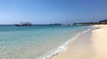 Obraz premium Clear blue skies and calm waves on Koh Samet beach, with a few boats docked in the distance.
