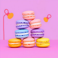 Fototapeta premium Colorful macarons stacked in a playful display studio setting food photography vibrant background top-down angle dessert concept