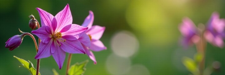 Delicate purple petals of flowering common columbine Aquilegia vulgaris in a garden, wildflowers, stems, columbine