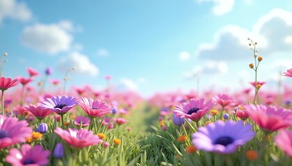 Vibrant Pink Flower Field: A Serene Summer Landscape