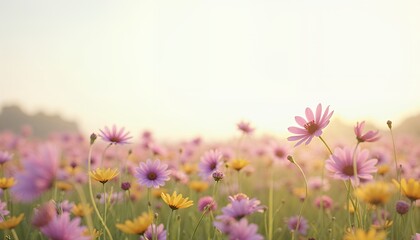 Serene Sunset Meadow: Pastel Flower Field in Soft Golden Light
