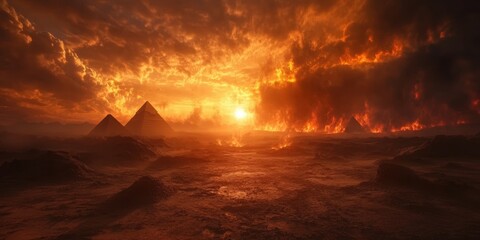 Sunset over pyramids with dramatic clouds creating a fiery atmosphere in an ancient landscape