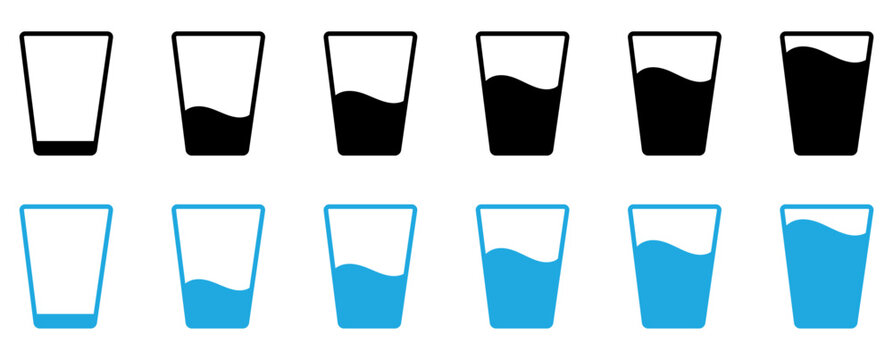Water glass icon set in black color on white background. Full and empty glass of water flat icon set.  Glass with water isolated set. Drinking water glass icon.  Drink glass icon collection in color. 