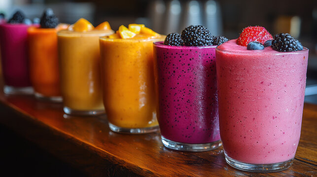 Bright and colorful fruit smoothies on cafe counter, showcasing vibrant flavors