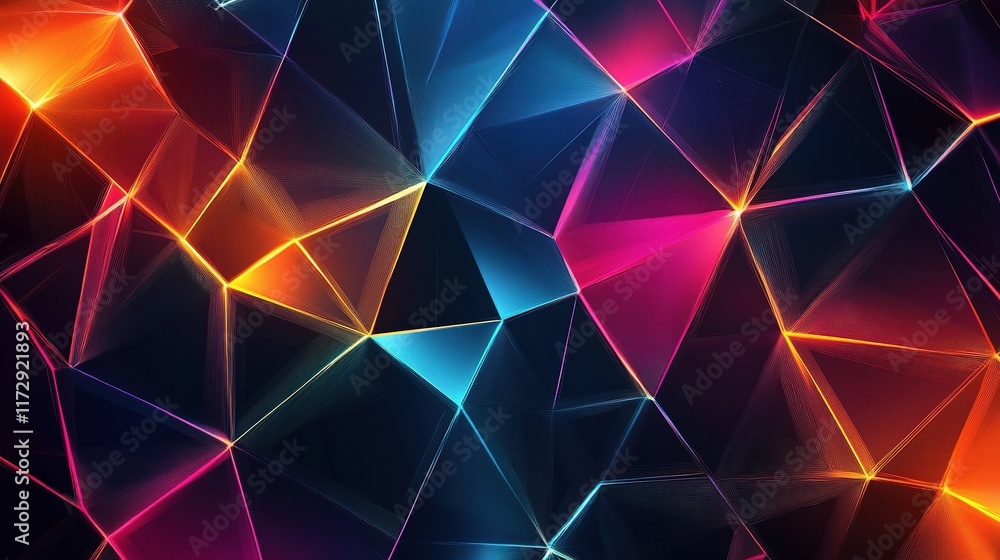 Poster abstract polygonal pattern with bright neon lines in dark background