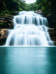 Obraz premium Serene waterfall cascading over rocks tropical forest nature photography calm environment close-up view tranquility concept
